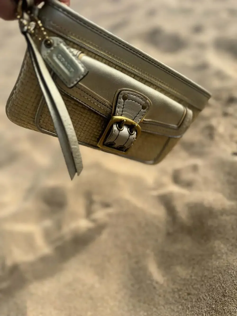 Coach Legacy Woven Straw and Metallic Leather Wristlet